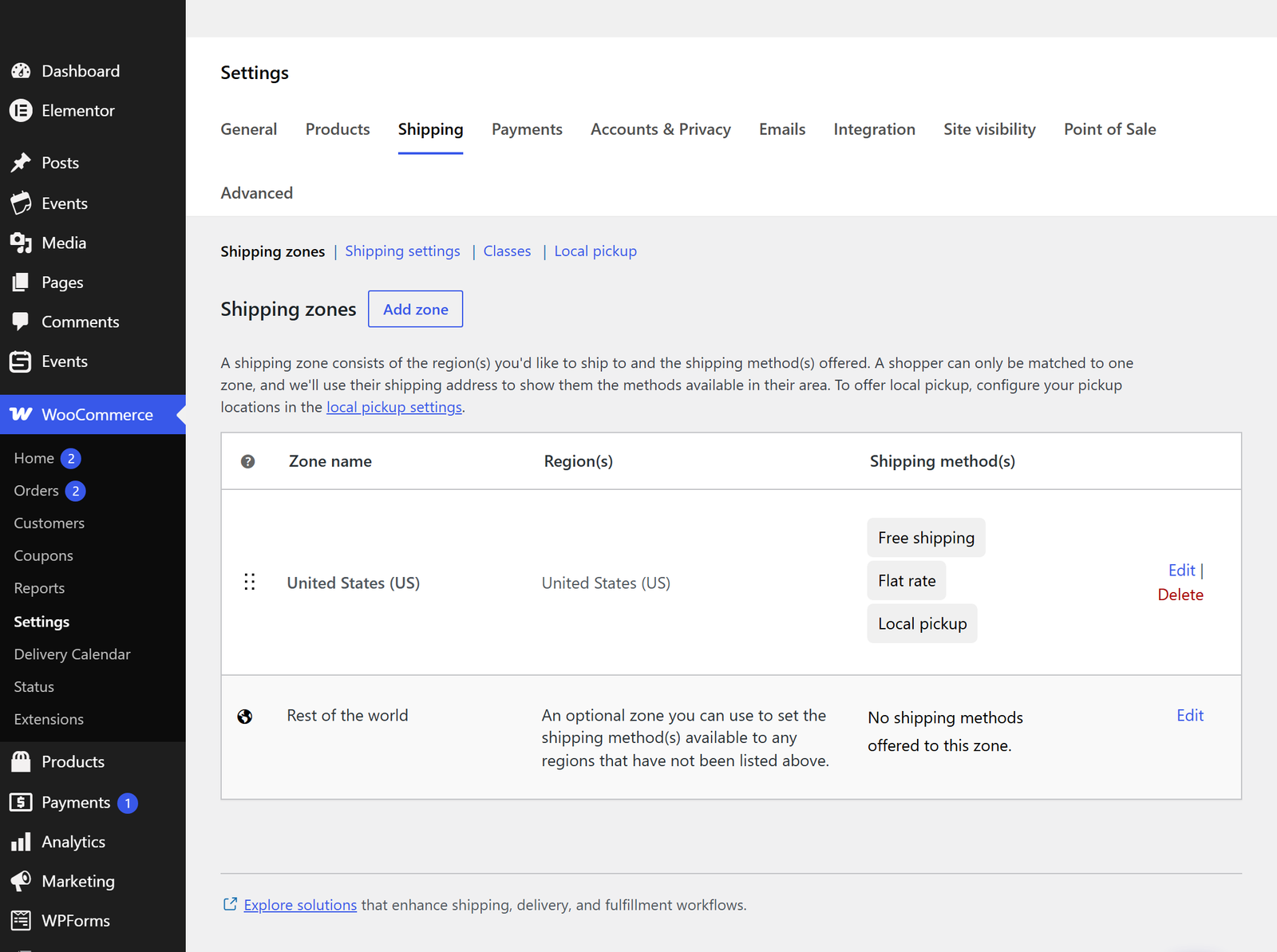 WooCommerce Shipping settings: a list of shipping zones with United States methods (Free shipping, Flat rate, Local pickup) and a rest of world zone with no methods.