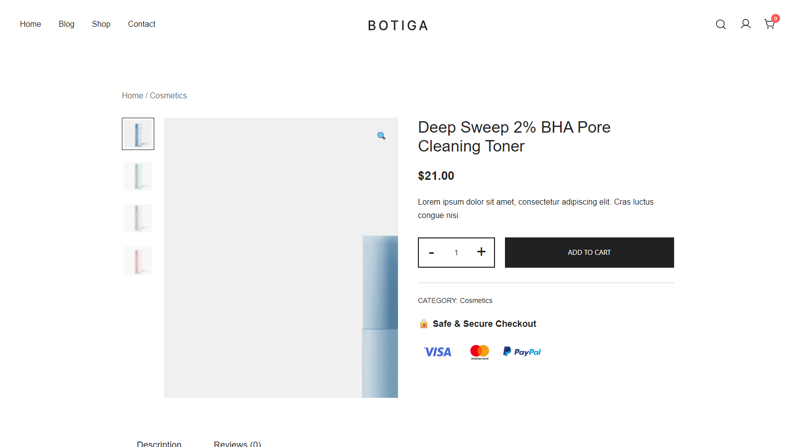 Product page for Deep Sweep 2% BHA Pore Cleaning Toner with left thumbnail gallery and right product details (price, description, add to cart).