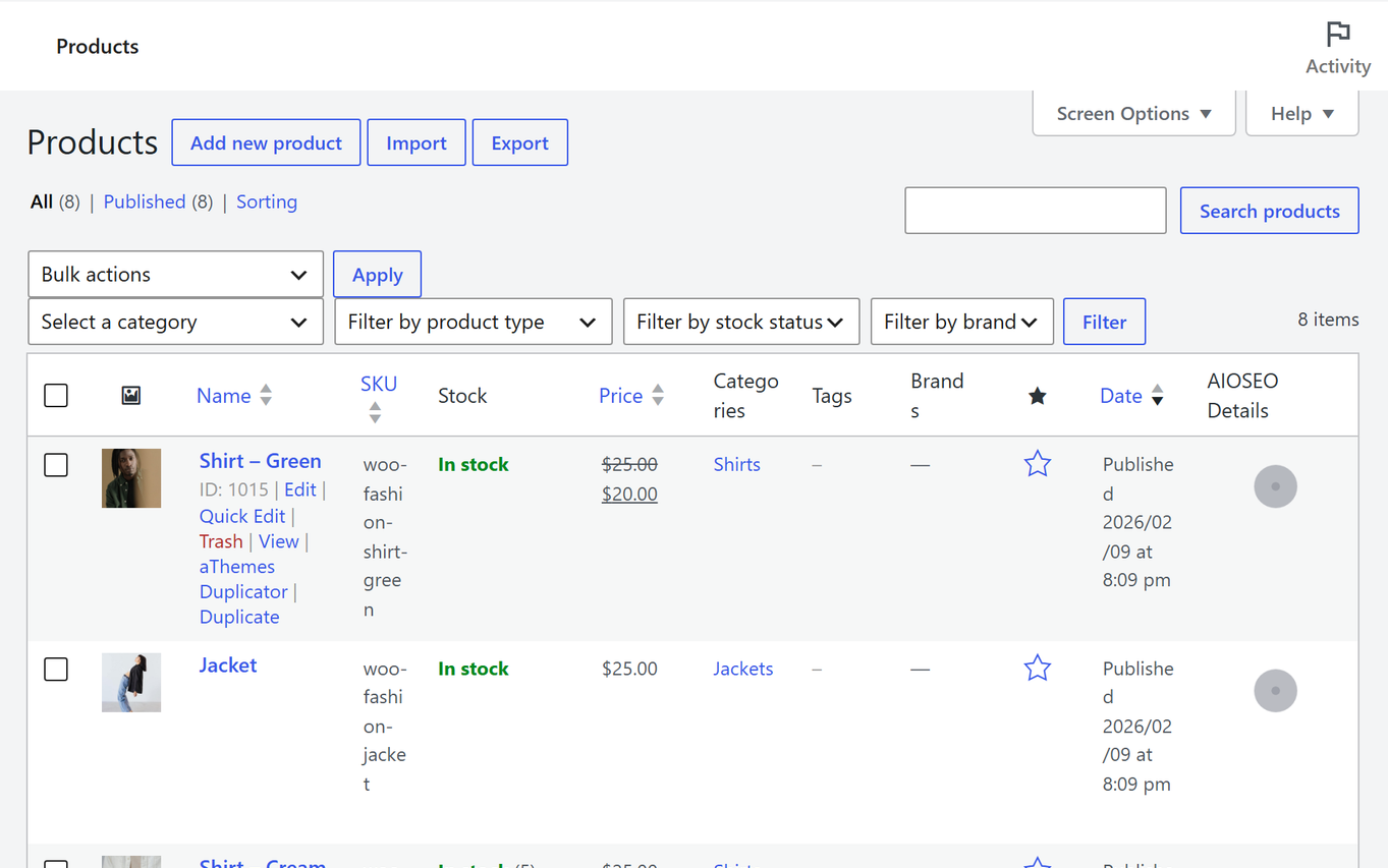 Product management dashboard displaying a list of products with stock, price, category, and publish date fields.