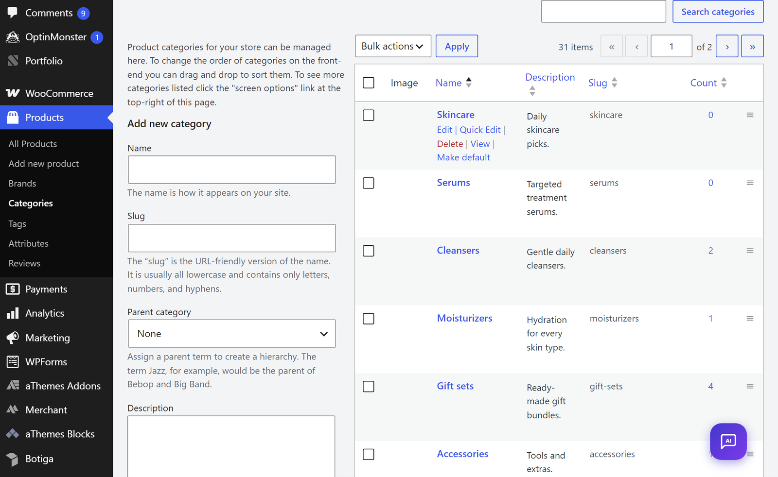 WooCommerce Categories page: list of product categories (Skincare, Serums, Cleansers, Moisturizers, Gift sets, Accessories) with an Add new category form on the left.