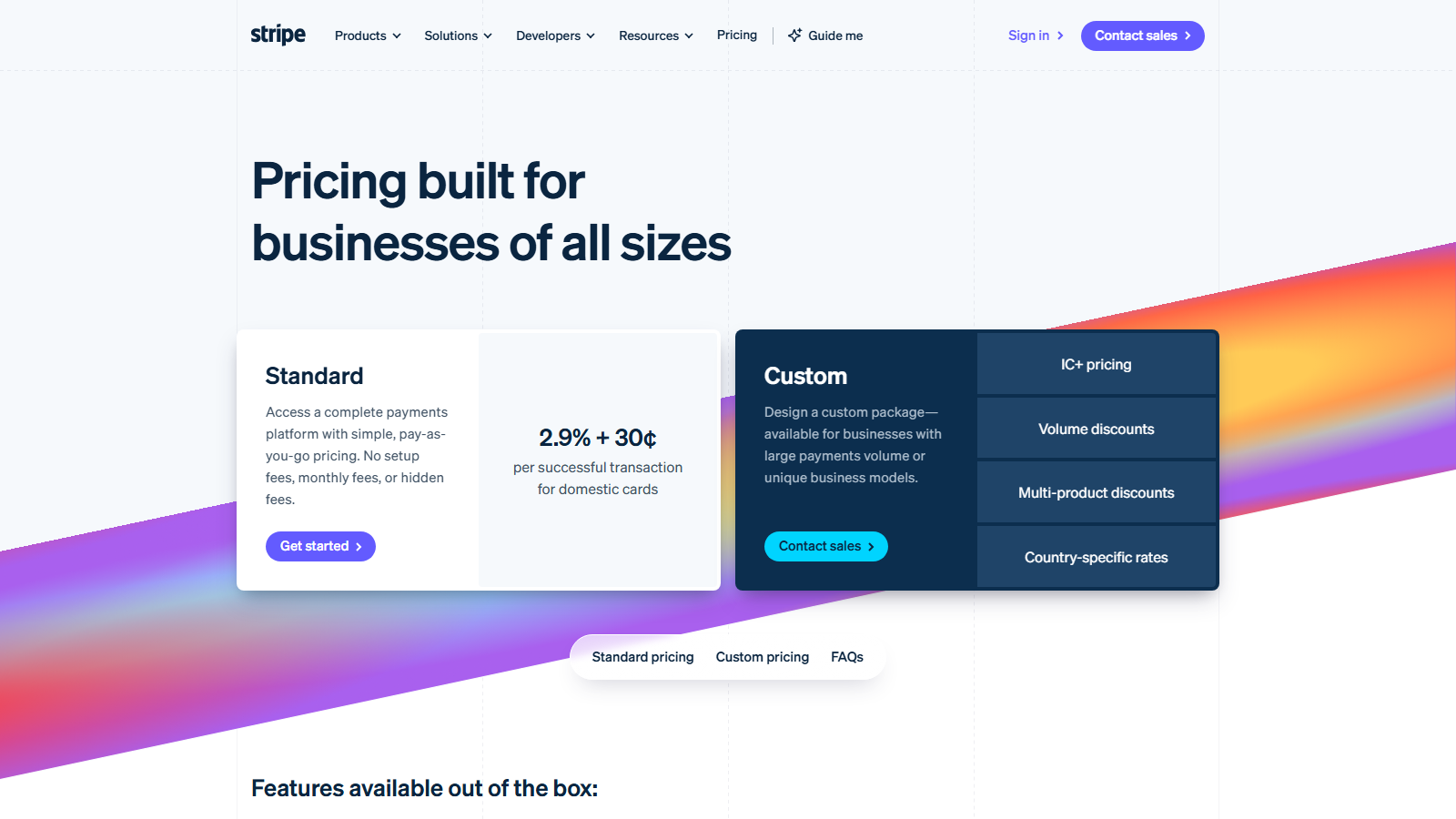 Pricing hero showing Standard and Custom plans with a dark blue card on the right and a diagonal rainbow ribbon in the background.