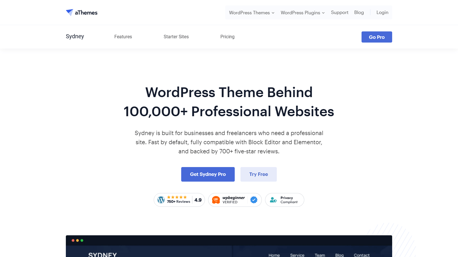 Hero section for aThemes Sydney theme: bold headline about 100,000+ professional websites, supporting text, and two CTAs Get Sydney Pro and Try Free.