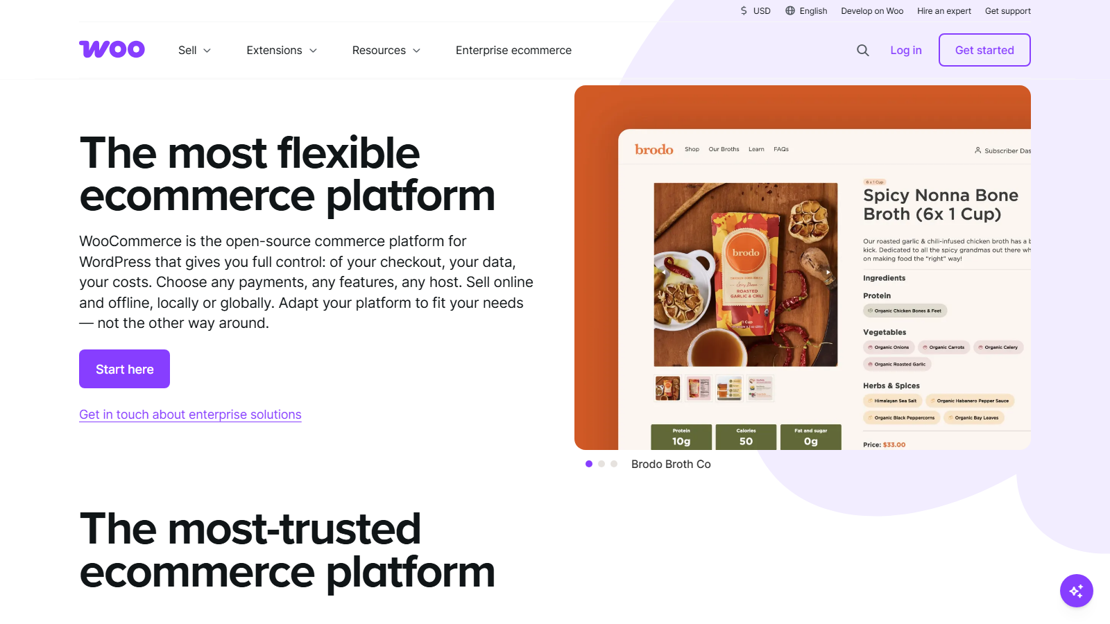 Hero section: bold headline 'The most flexible ecommerce platform' with a product page mockup on the right.