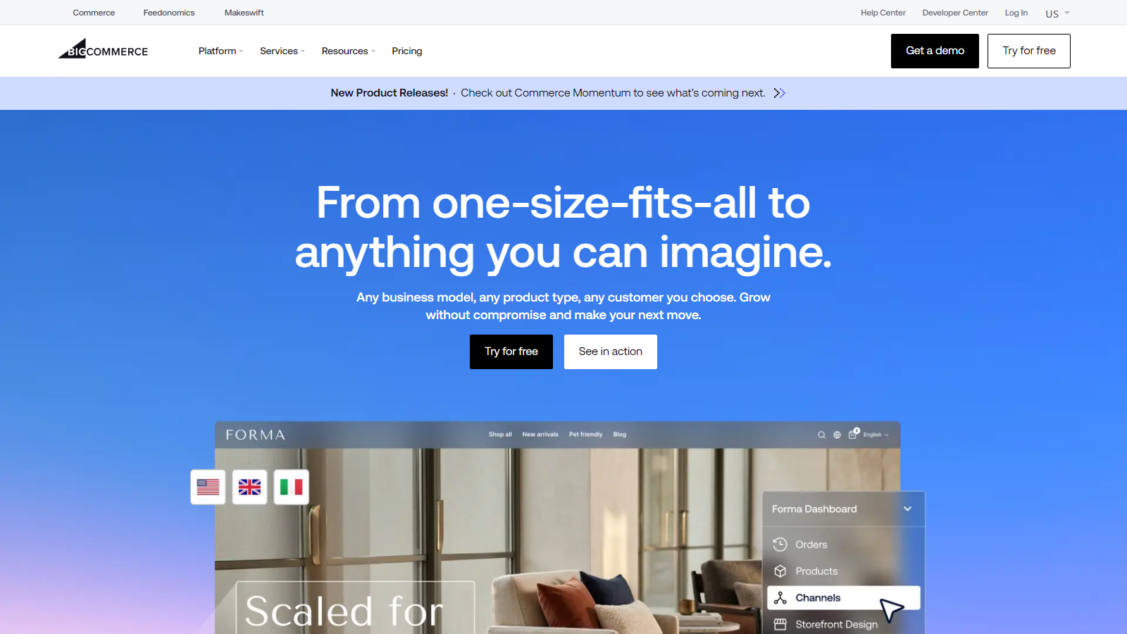 Hero section with a blue gradient background and bold white headline: 'From one-size-fits-all to anything you can imagine' plus 'Try for free' and 'See in action' buttons (informational image).