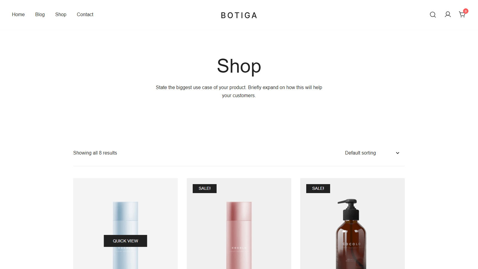 Shop page header with BOTIGA logo, navigation, and a large 'Shop' title above product thumbnails.