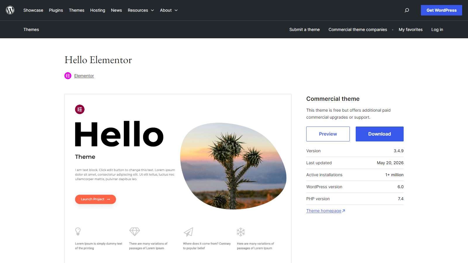 WordPress Hello Elementor theme demo page: large 'Hello' heading on the left, a circular landscape image, and a right sidebar with Preview and Download options.