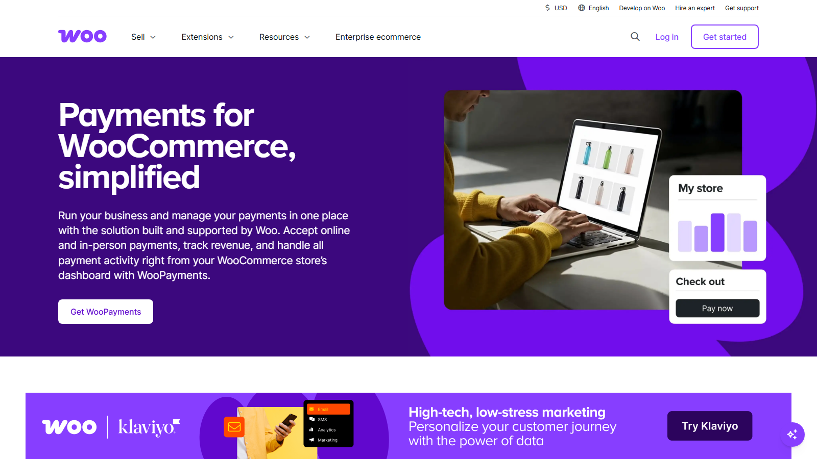 Hero banner promoting WooCommerce Payments: bold white copy on purple, with a person using a laptop and floating dashboard cards.