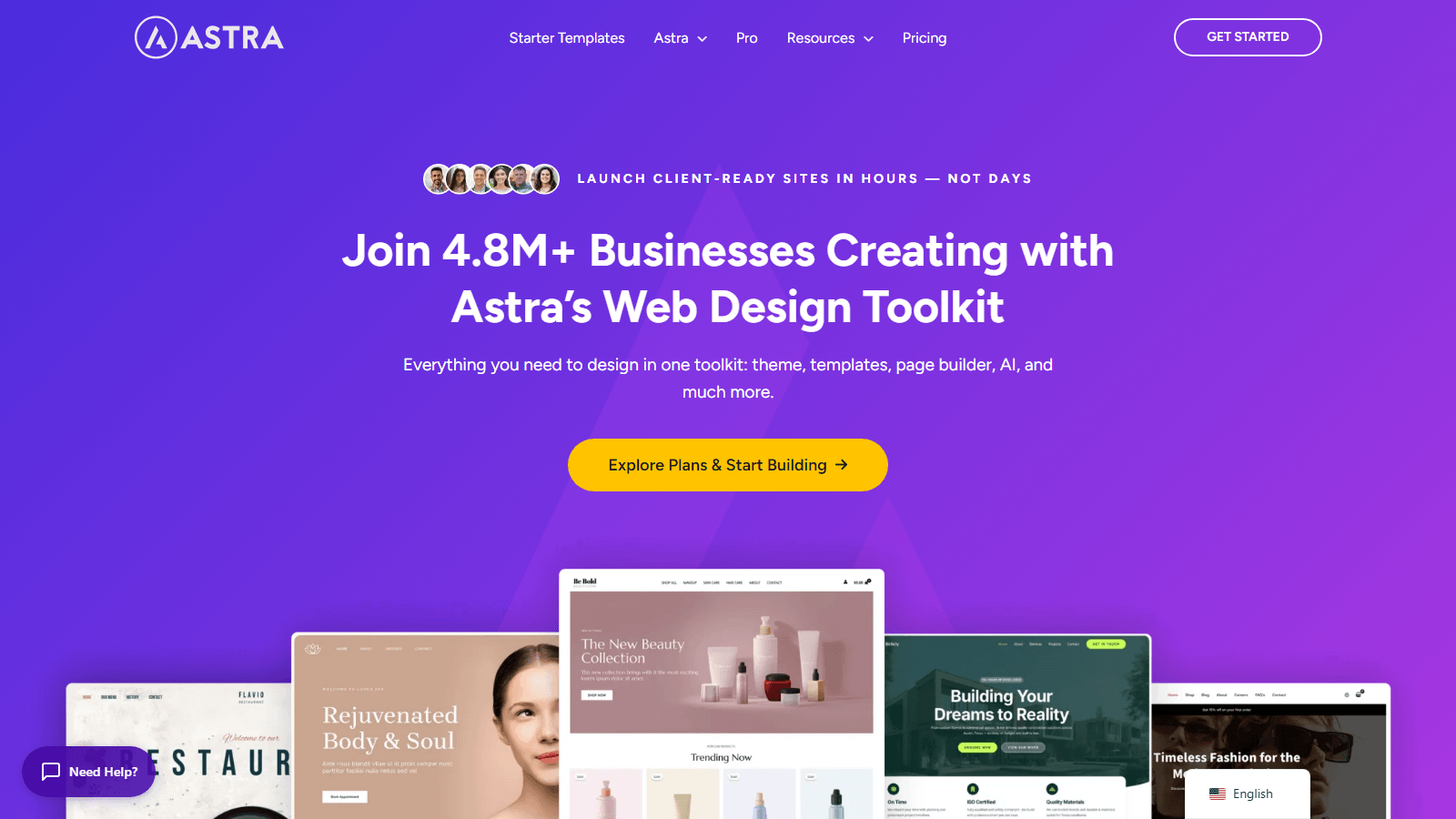 Hero banner for Astra: purple gradient with logo and nav, large bold headline and yellow CTA, plus overlapping site previews at the bottom.