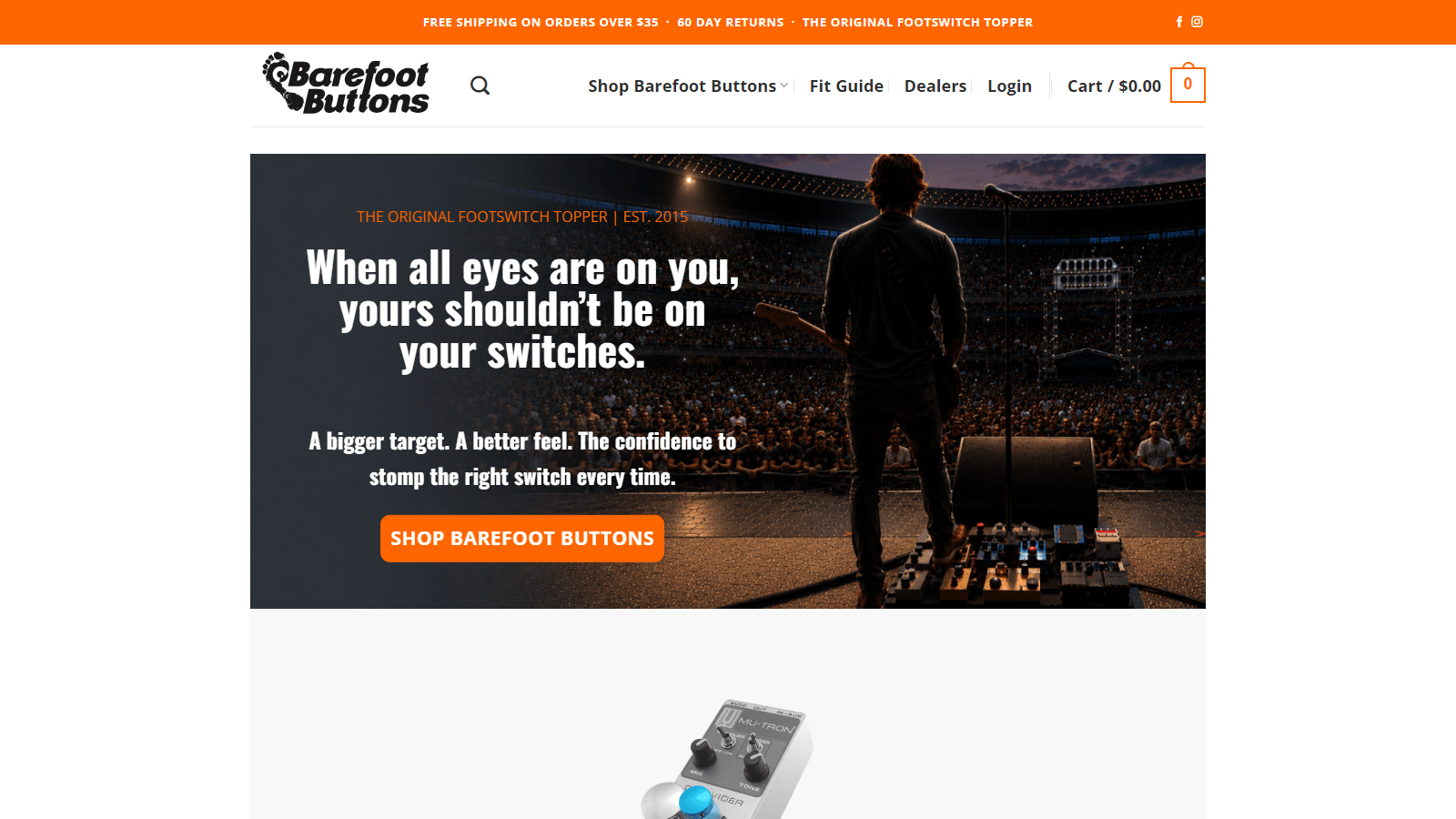 Promo banner for Barefoot Buttons: guitarist on stage with crowd, bold white text about staying focused on you and a call to shop.