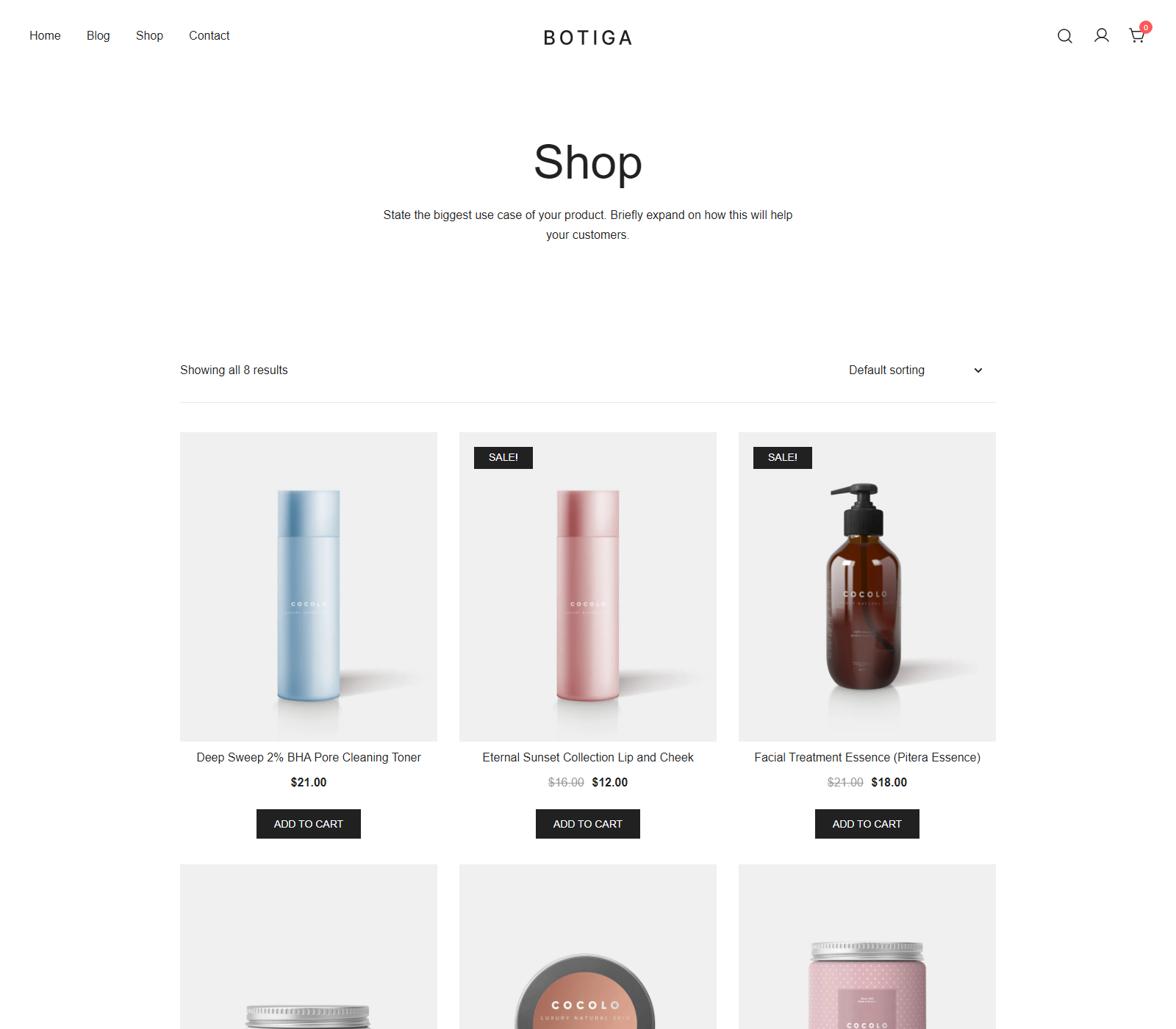 Product grid on Shop page showing three skincare bottles with prices and Add to Cart buttons.