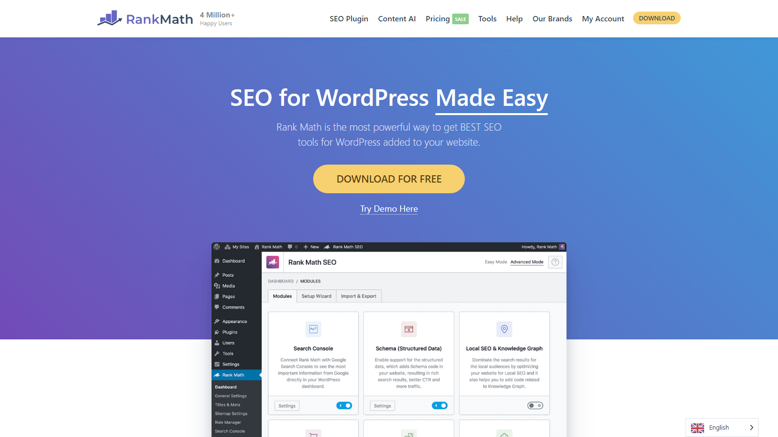 step_03_rankmath – aThemes Hero section of Rank Math homepage with a blue to purple gradient, headline 'SEO for WordPress Made Easy', yellow 'DOWNLOAD FOR FREE' button and 'Try Demo Here' link, and a screenshot of a WordPress dashboard underneath.
