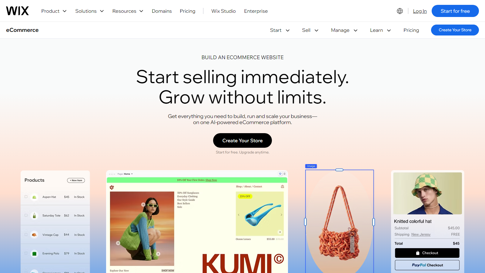 Wix eCommerce hero: bold headline 'Start selling immediately. Grow without limits.' over a peach-to-pale gradient with sample product previews below.
