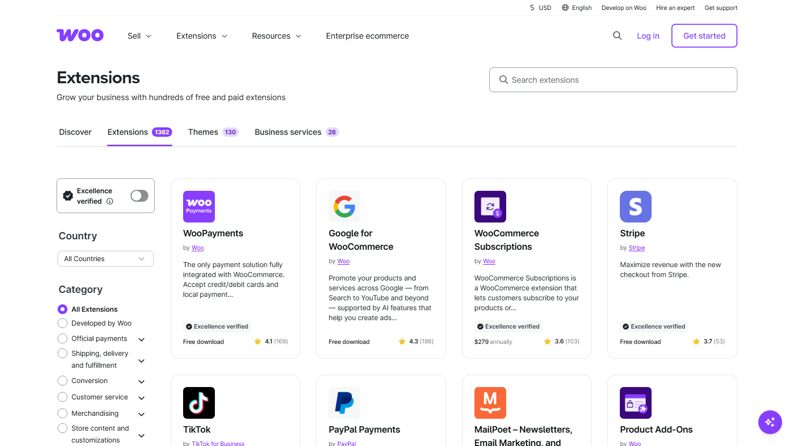 Woo Extensions page with a grid of extension cards and a left filter panel (Country, Category).