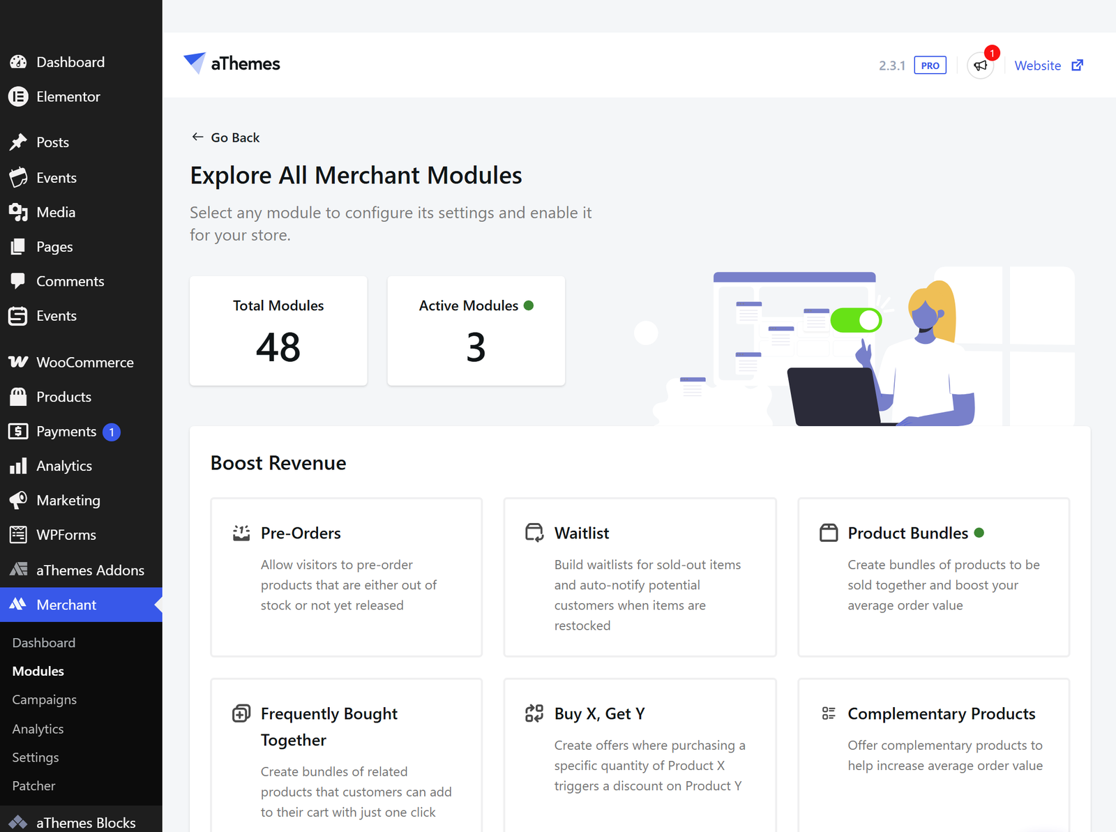 Dashboard page showing 'Explore All Merchant Modules' with total 48 modules and 3 active modules, plus an illustration on the right.