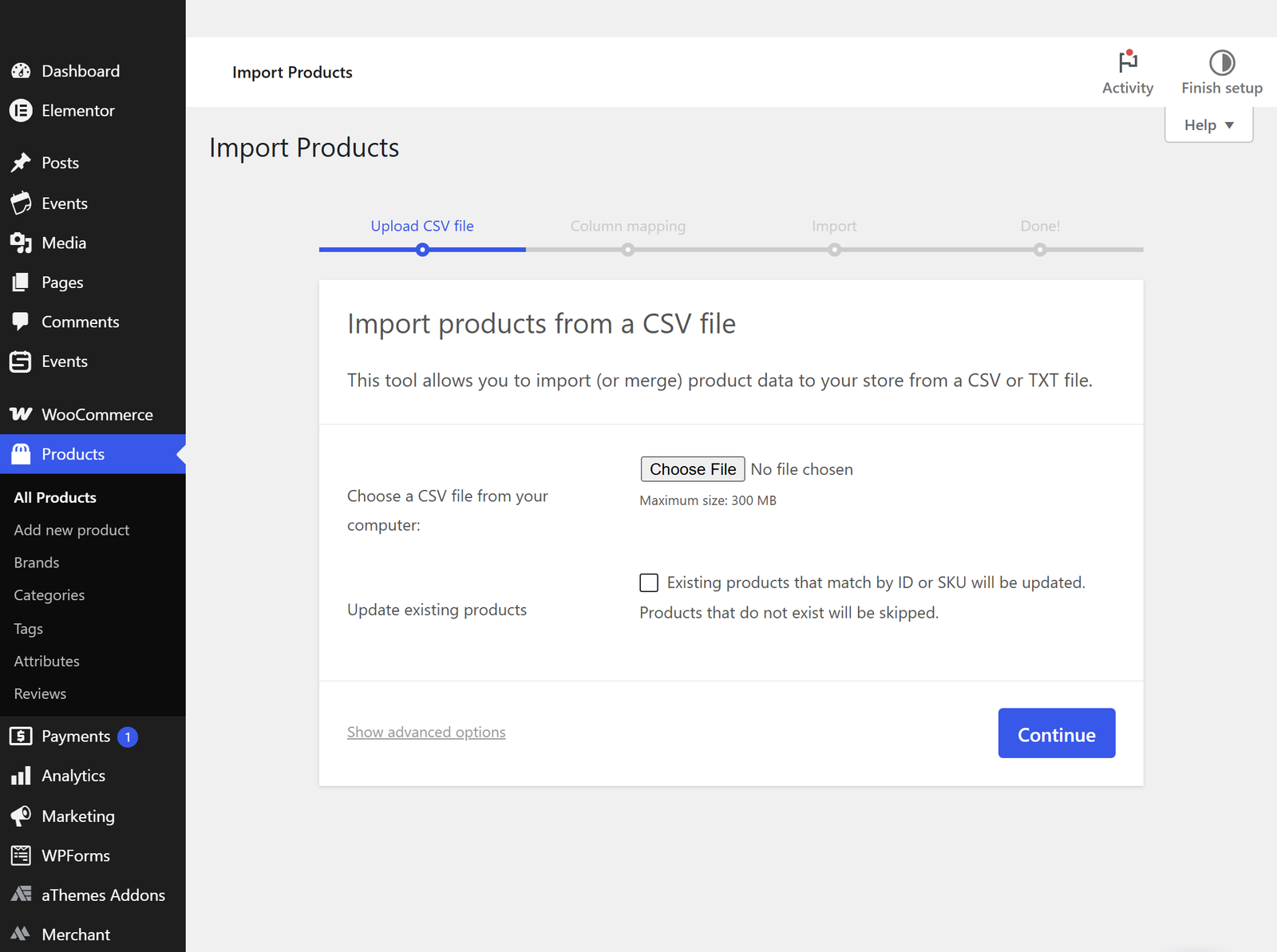 WordPress admin Import Products screen with CSV upload step and a large Choose File button.