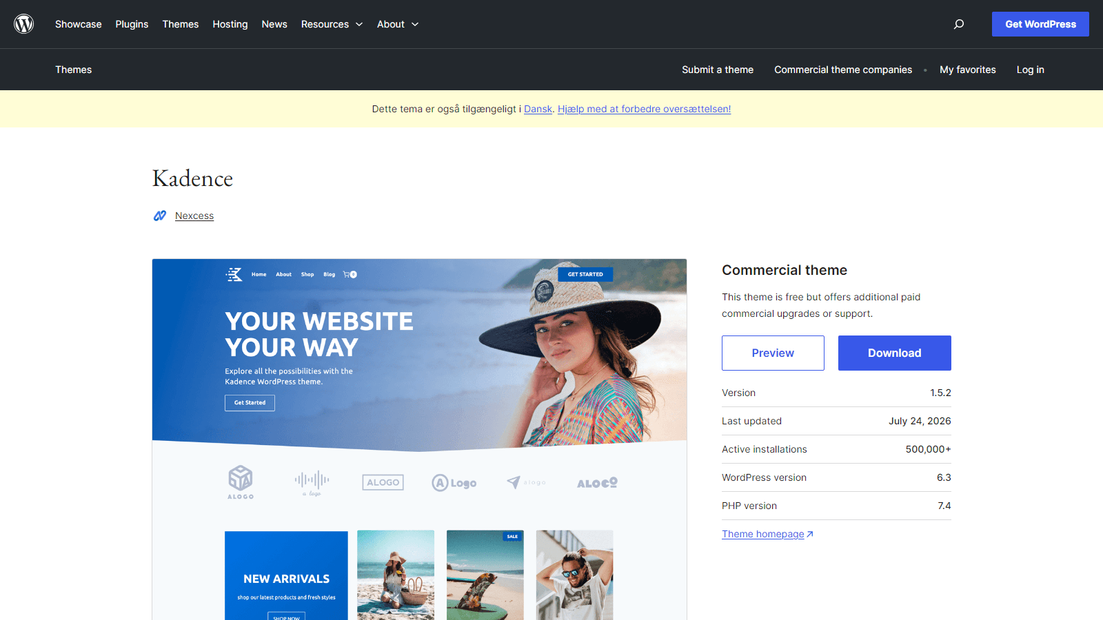 WordPress theme preview page for Kadence (Nexcess). Hero image shows a woman in a hat at the beach with a blue gradient banner and a 'Get Started' button; left side features the Kadence homepage layout. Right panel reads 'Commercial theme' with Preview and Download buttons and version/info details.