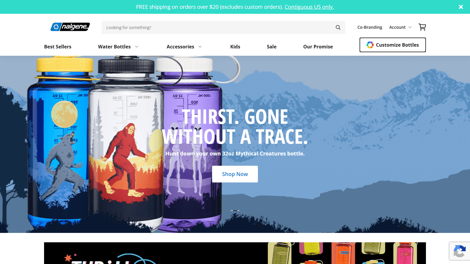 Promo hero: three colorful Nalgene bottles with mythical creature designs against a mountain backdrop, featuring a'Shop Now' CTA.