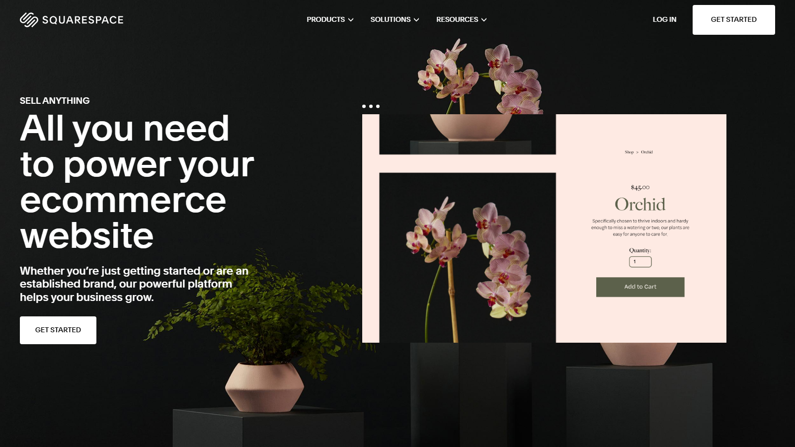 Hero banner for an ecommerce platform: dark background with bold white headline and a pink product mockup showing an orchid image on the right side.