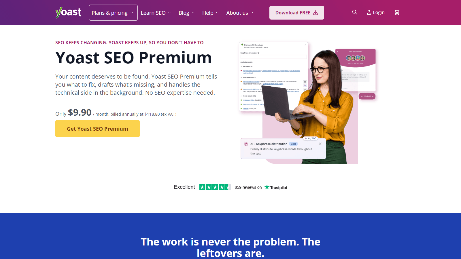 step_04_yoast – aThemes Yoast SEO Premium promo hero with big title, price, CTA, and a woman with a laptop on the right.