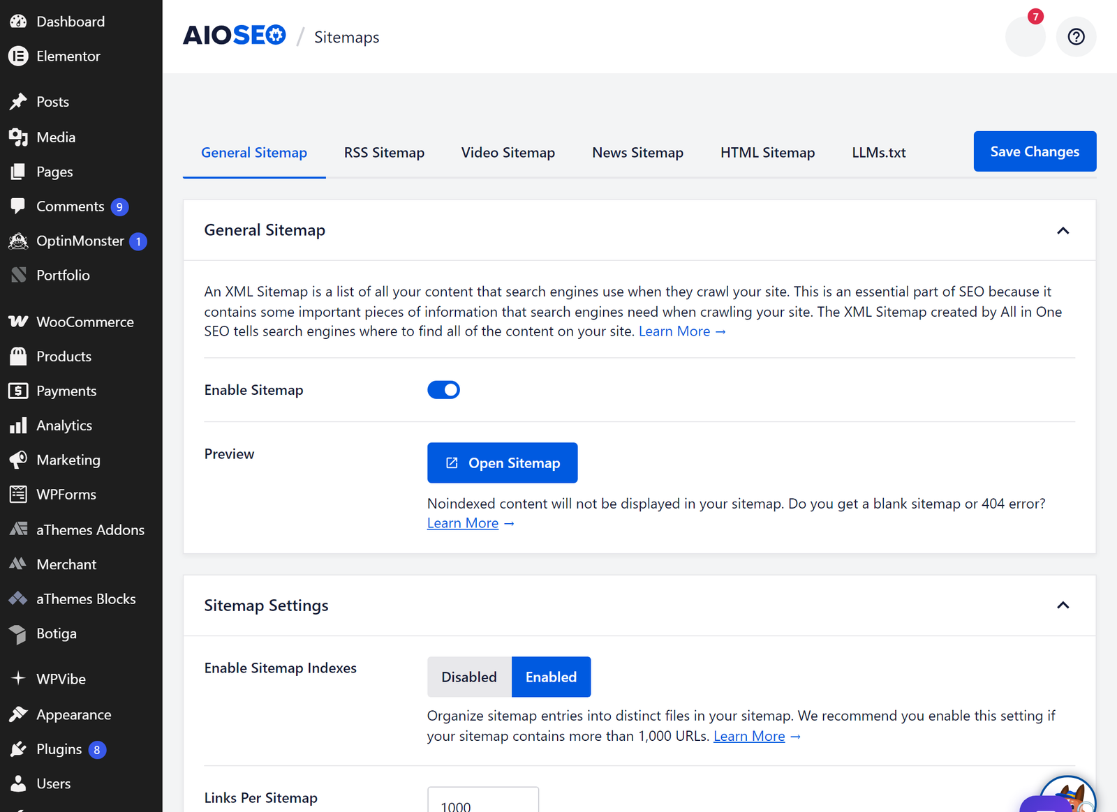 Screenshot of AIOSEO Sitemaps settings page showing the General Sitemap tab with an Enable toggle and 'Open Sitemap' button on the right side of the panel, within WordPress admin.