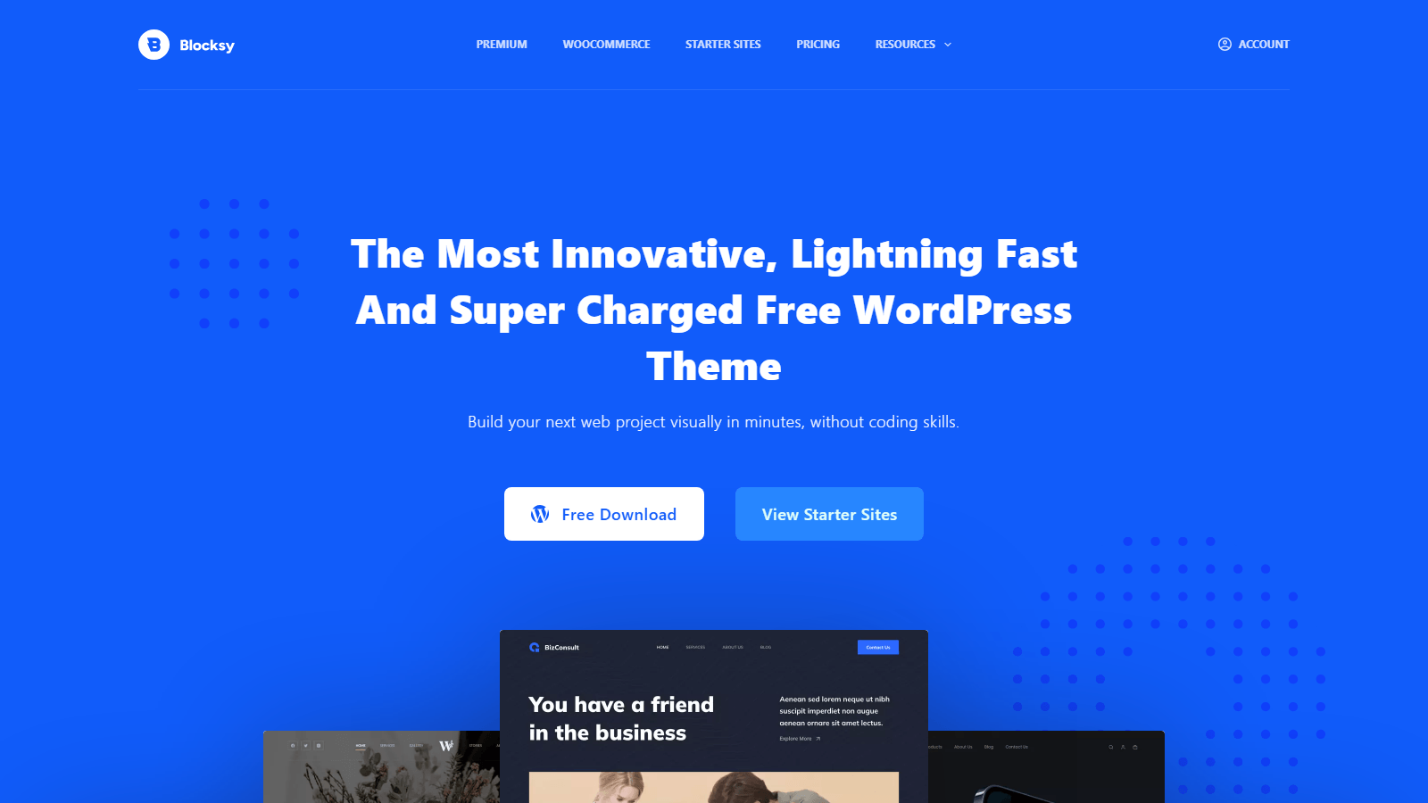 Hero section with bold white headline on blue background and two CTA buttons: Free Download and View Starter Sites.