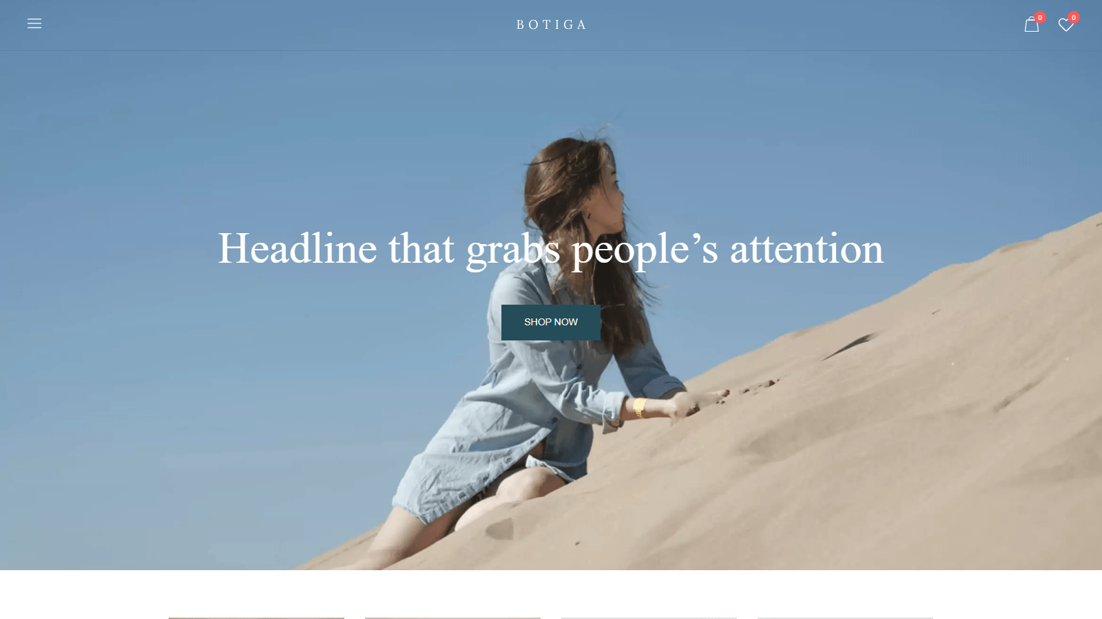 Woman climbs a sandy dune against a blue sky, used as a hero image for a fashion/site banner.