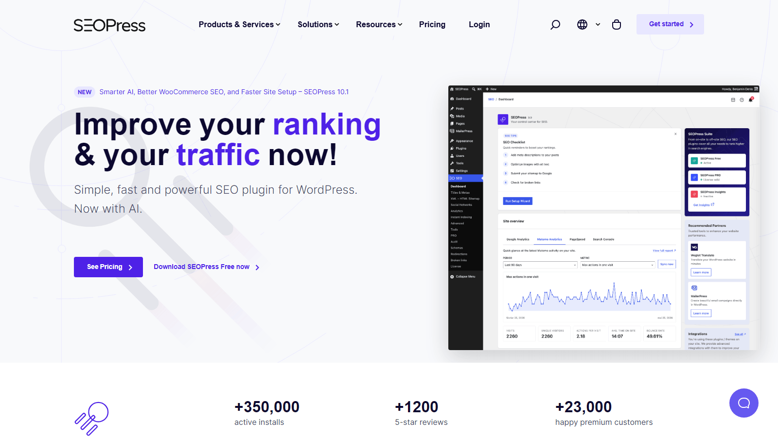step_05_seopress – aThemes Hero banner with bold headline 'Improve your ranking & your traffic now!' and a right-side mockup of the SEOPress WordPress dashboard.