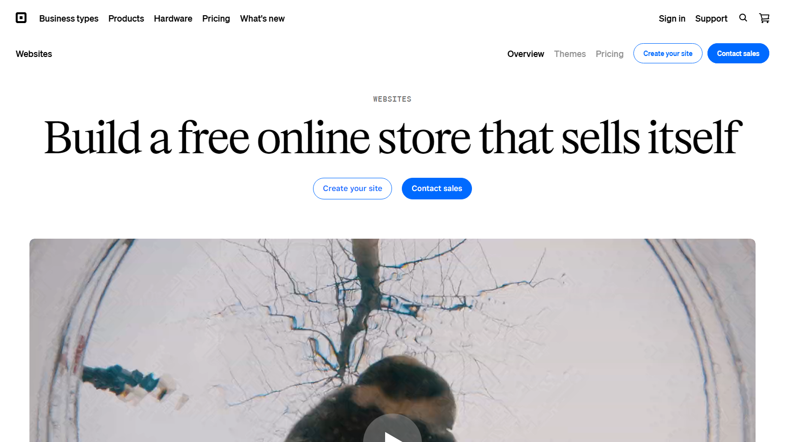 Hero header with the large headline 'Build a free online store that sells itself' and two CTA buttons: 'Create your site' and 'Contact sales'