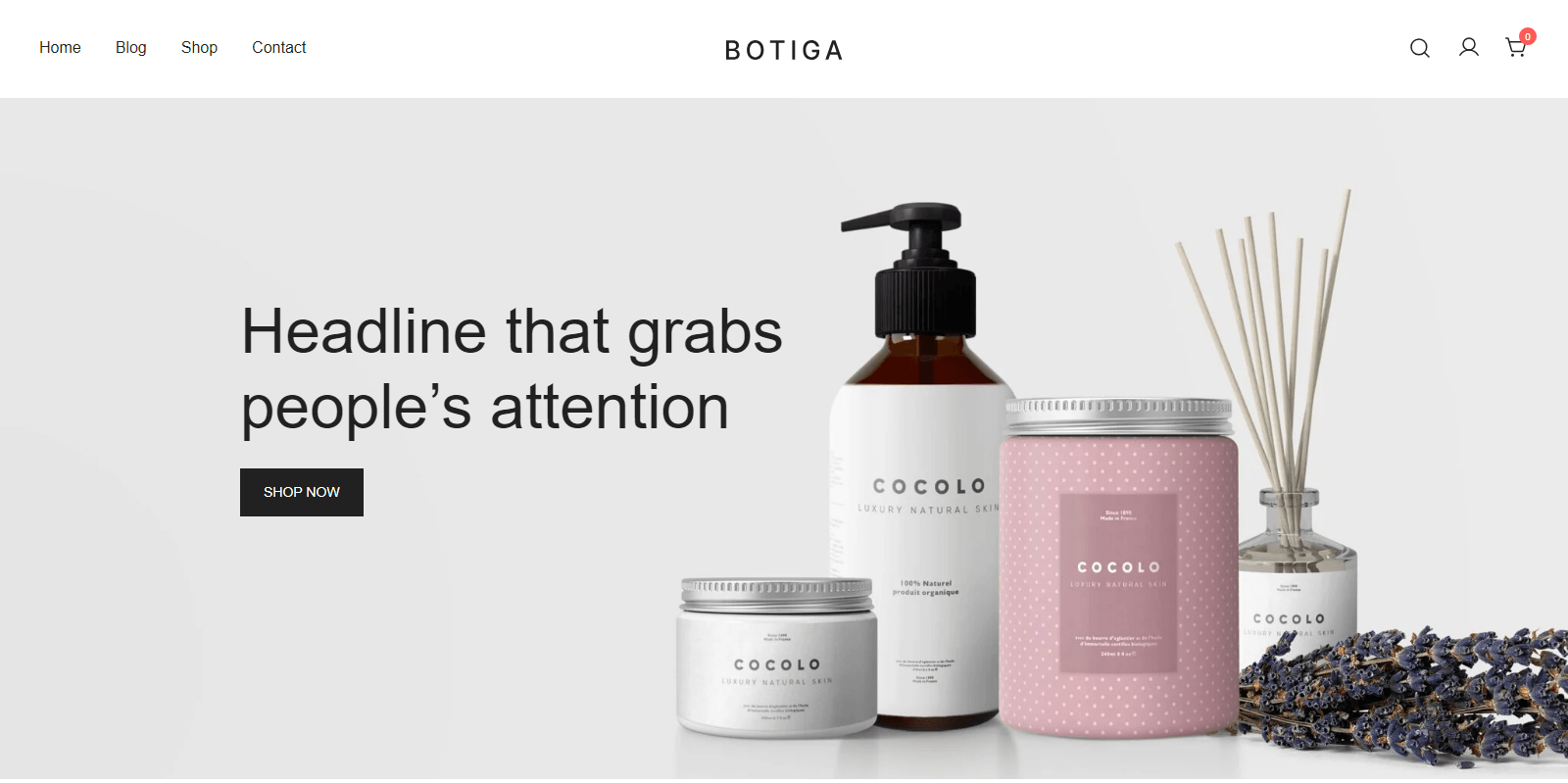 Hero banner showing COCOLO skincare bottles and jars on a light gray background with a bold headline and a 'Shop Now' button on the left.