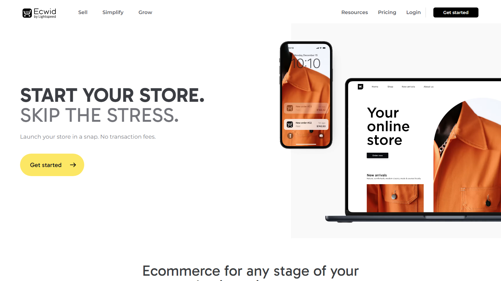 Hero banner for ECwid homepage: bold headline 'START YOUR STORE. SKIP THE STRESS.' with a yellow 'Get started' button and a phone and laptop mockup on the right.