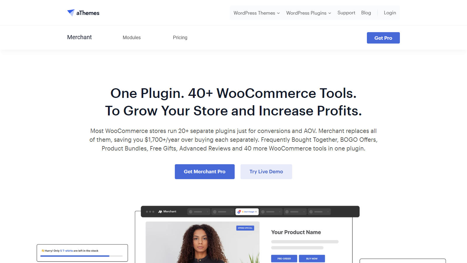 Hero section promoting aThemes WooCommerce plugin: 'One Plugin. 40+ WooCommerce Tools. To Grow Your Store and Increase Profits' with Get Merchant Pro and Try Live Demo buttons.