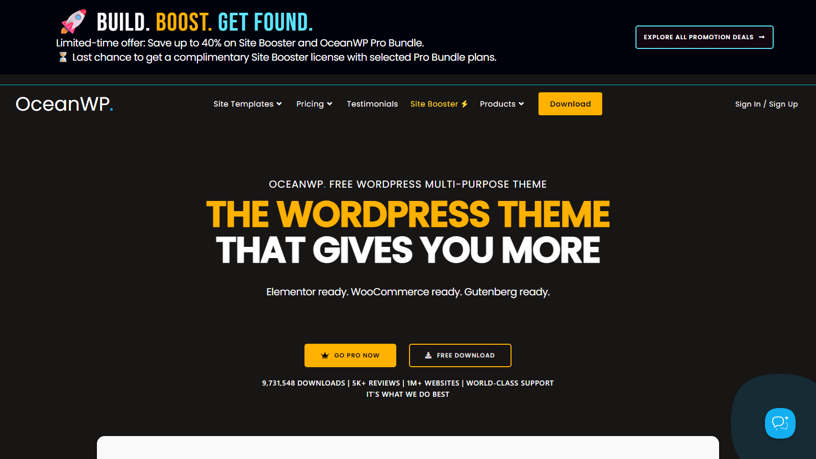 Hero section of OceanWP homepage: bold orange and white headline 'The WordPress Theme That Gives You More' with two yellow-bordered call-to-action buttons ('Go Pro Now' and 'Free Download') on a dark background, plus the OceanWP logo on the left.