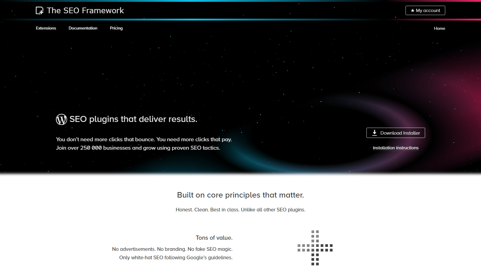 step_06_seoframework – aThemes Homepage hero: dark space-themed banner with The SEO Framework logo and a prominent 'Download Installer' button on the right.
