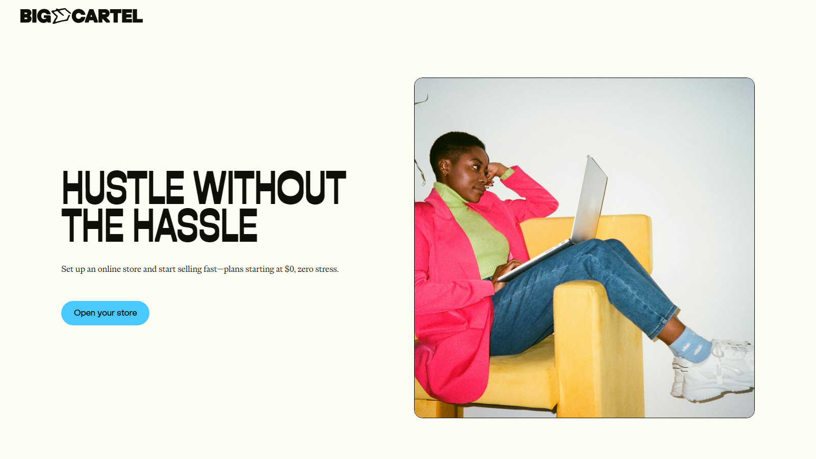 Hero section with bold headline 'HUSTLE WITHOUT THE HASSLE' on the left and a person on a yellow chair using a laptop on the right; includes a blue rounded 'Open your store' button.