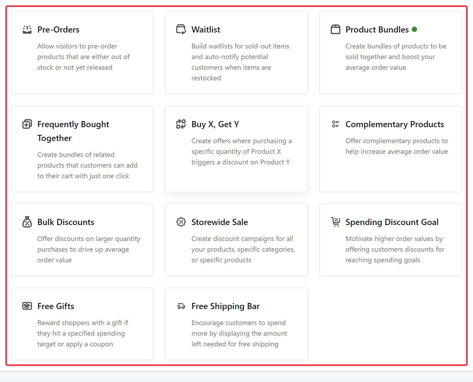 Grid of e-commerce feature tiles: Pre-Orders, Waitlist, Product Bundles, Frequently Bought Together, Buy X, Get Y, Complementary Products (and more) with icons and descriptions (informational).