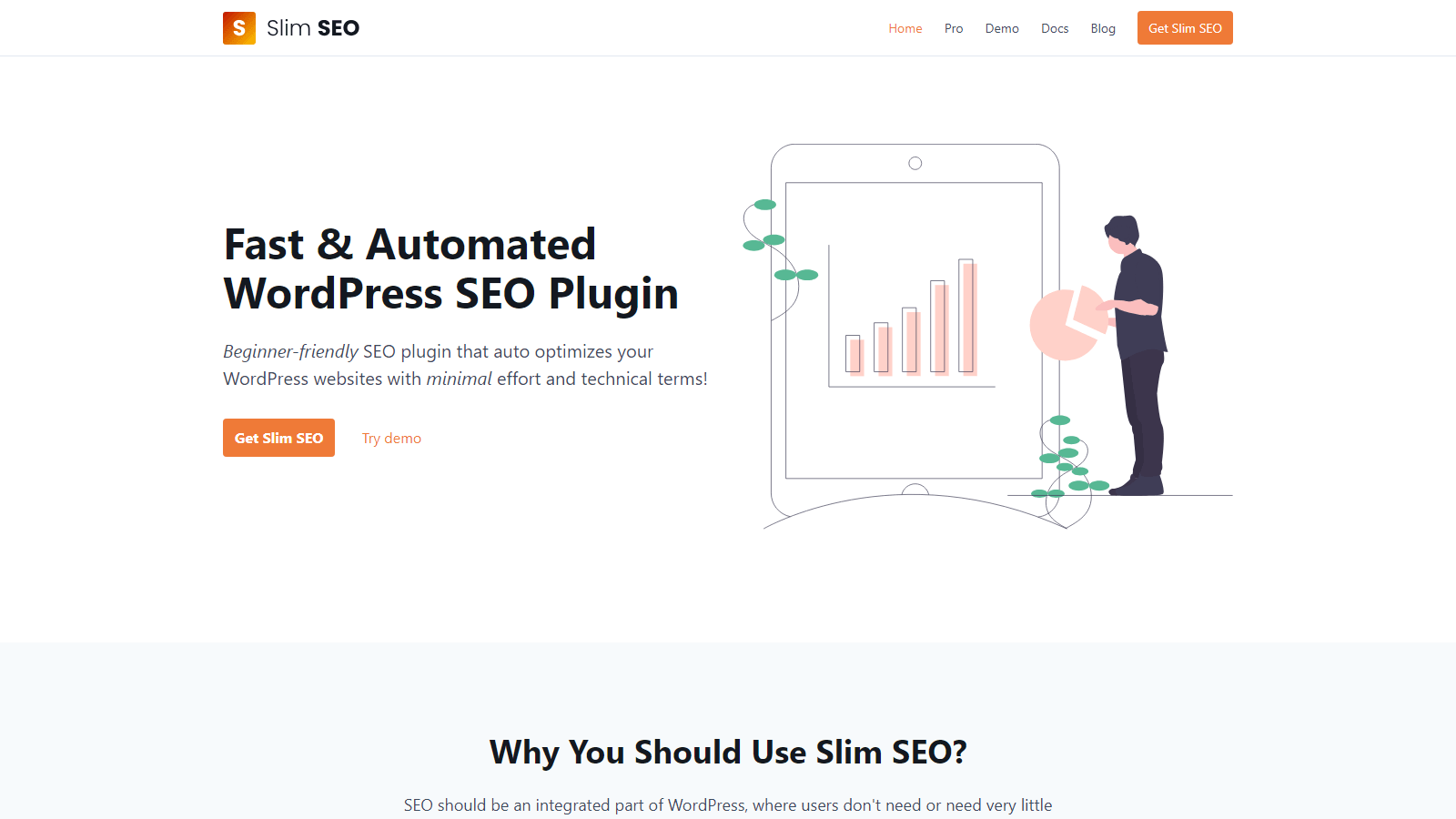 step_07_slimseo – aThemes Hero section featuring Slim SEO branding and bold headline 'Fast & Automated WordPress SEO Plugin' with a person standing beside a large tablet displaying a bar chart; CTA buttons 'Get Slim SEO' and 'Try demo' are visible.