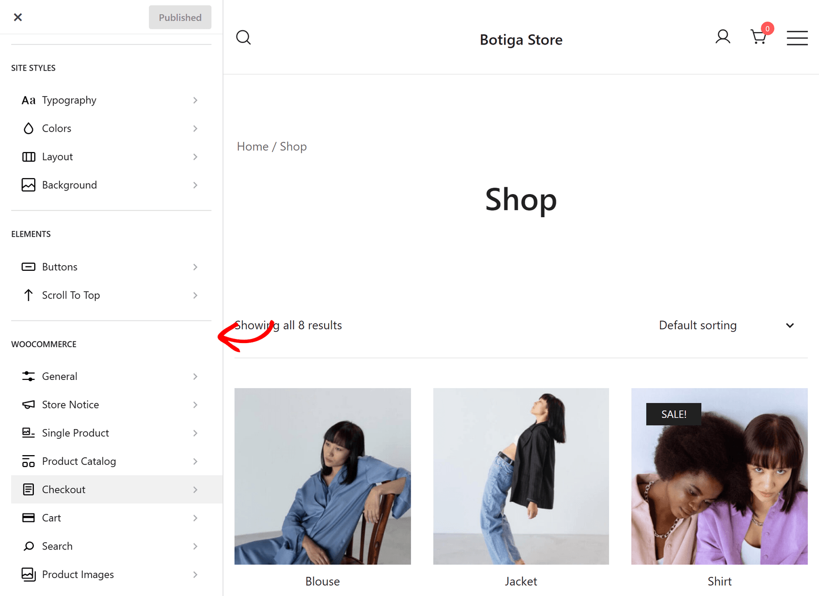 Shop page with a left navigation panel and a grid of clothing items (Blouse, Jacket, Shirt); shows 'Showing all 8 results'.