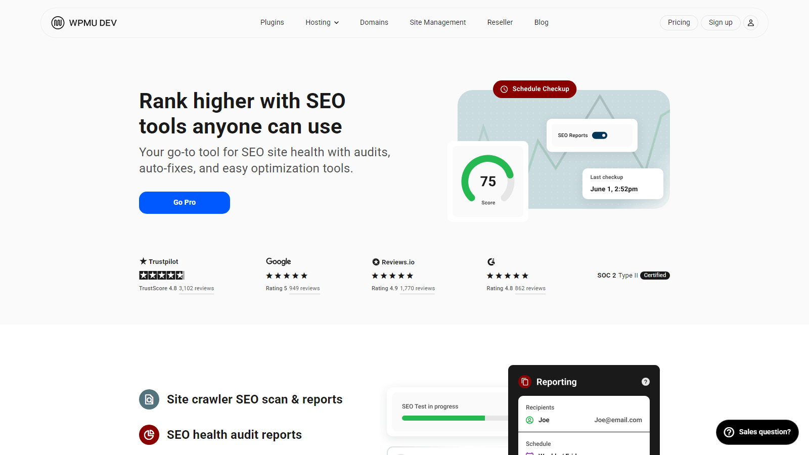 step_08_smartcrawl – aThemes Hero banner for an SEO tools product: bold headline, subhead, blue Go Pro button, and a performance dashboard illustration on the right.