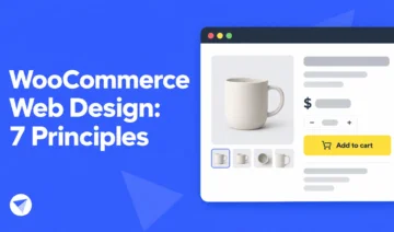 Blue hero featuring 'WooCommerce Web Design: 7 Principles' headline beside a product page mockup with a mug and yellow Add to cart button