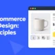 Blue hero featuring 'WooCommerce Web Design: 7 Principles' headline beside a product page mockup with a mug and yellow Add to cart button