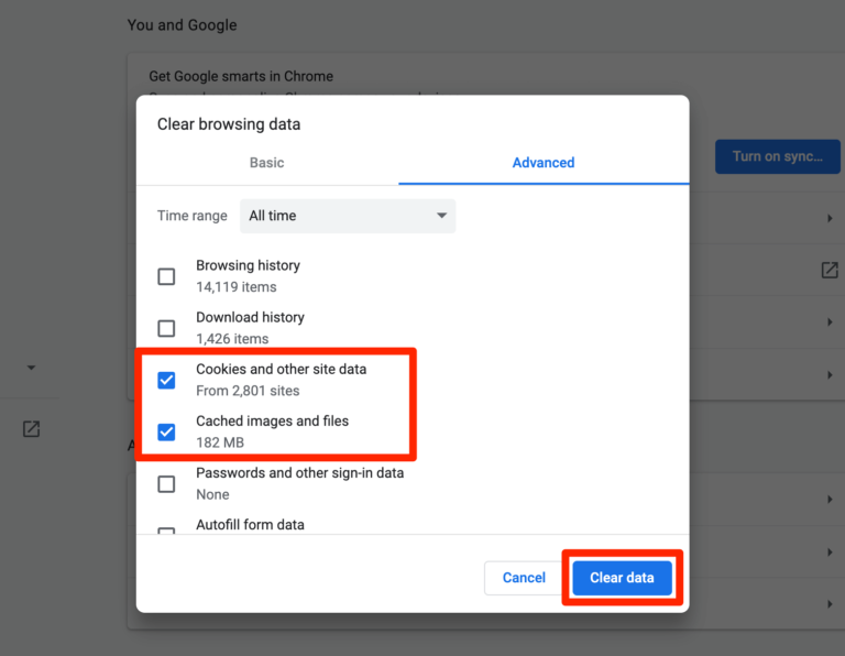 Clearing the Chrome cache and cookies.