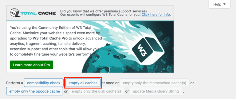 Clearing the site cache with W3 Total Cache.