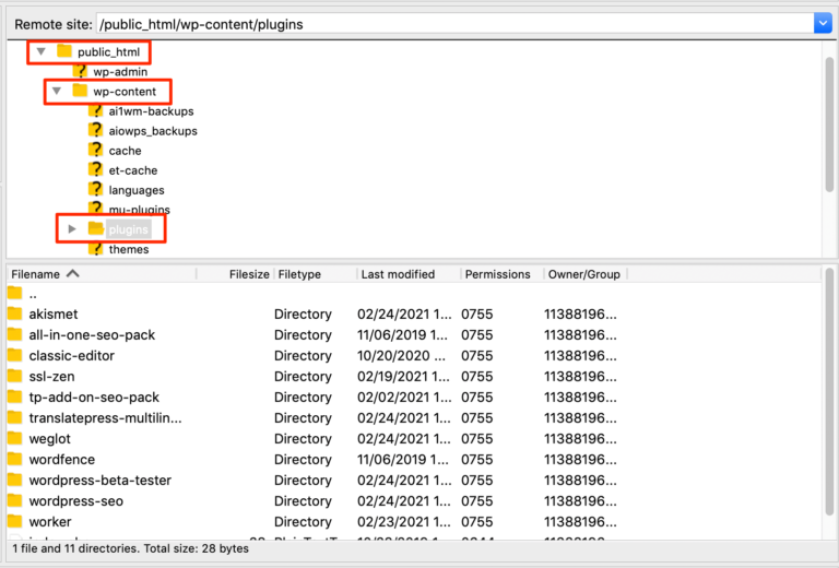 Accessing the plugins directory in FileZilla.