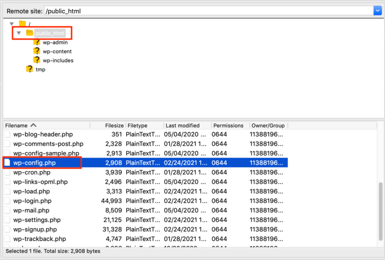 Accéder à wp-config.php via FileZilla.