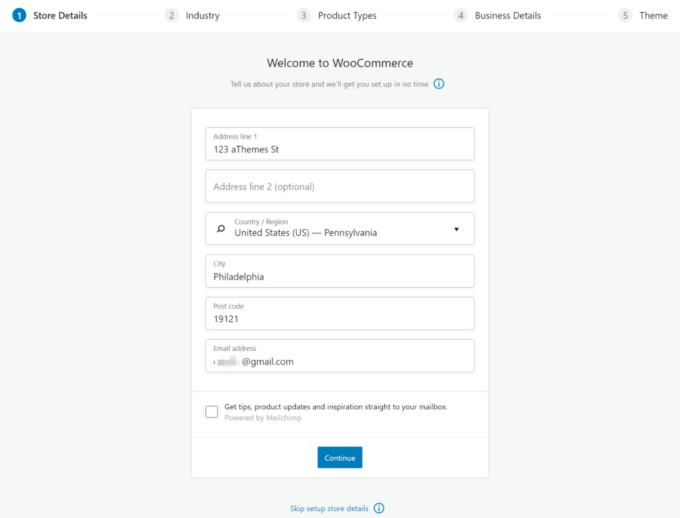 WooCommerce setup wizard store details